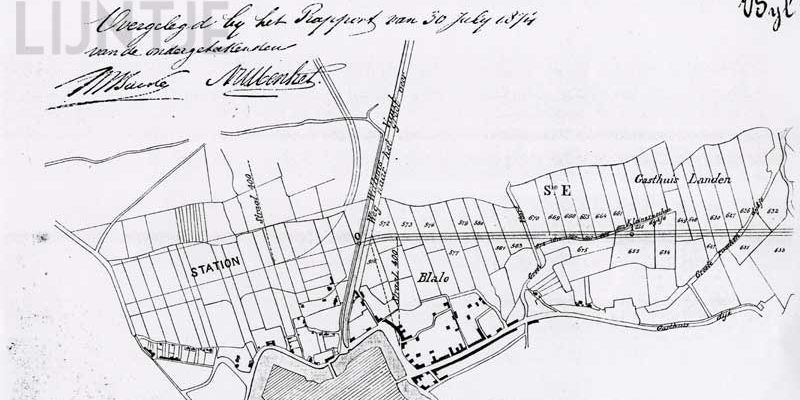 1. Overzichtstekening uit 1874 waarop de percelen met kadastrale gegevens vermeld staan